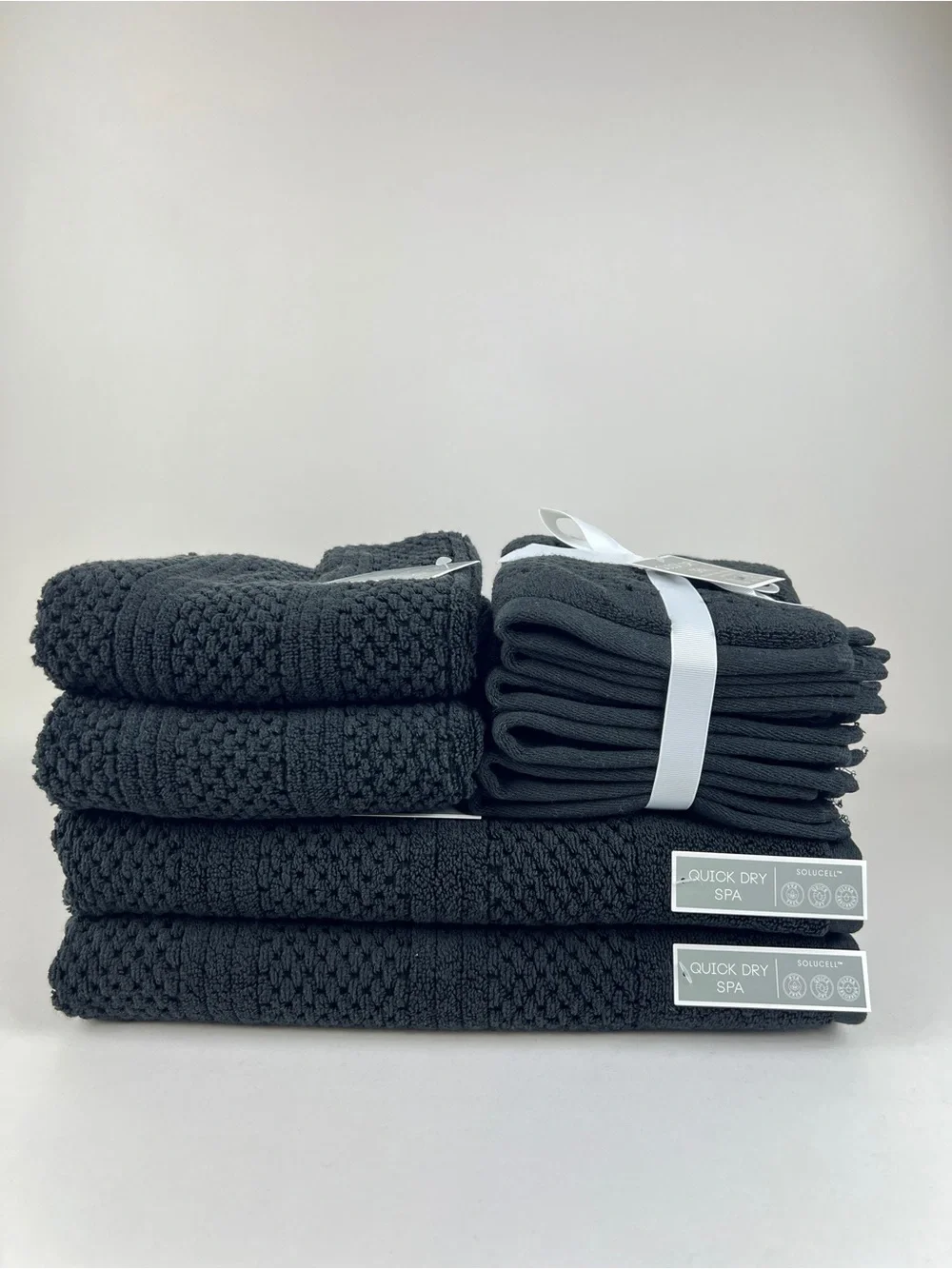 Quick Dry Spa Bath Towel Set  Black Waffle Textured Soft Plush Cotton 10 Pc NEW